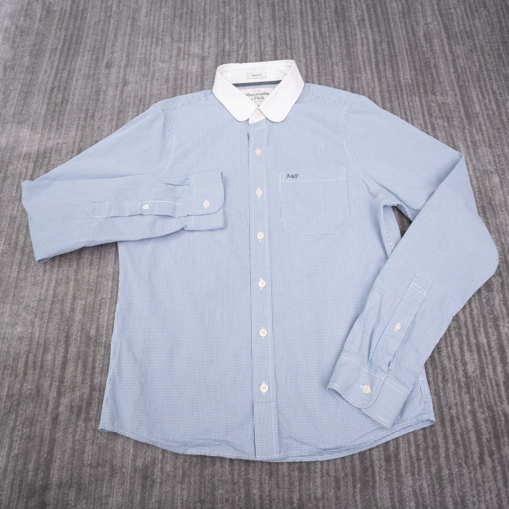 Abercrombie & Fitch Shirt Mens M Blue Gingham Club Collar Muscle Fit Long Sleeve